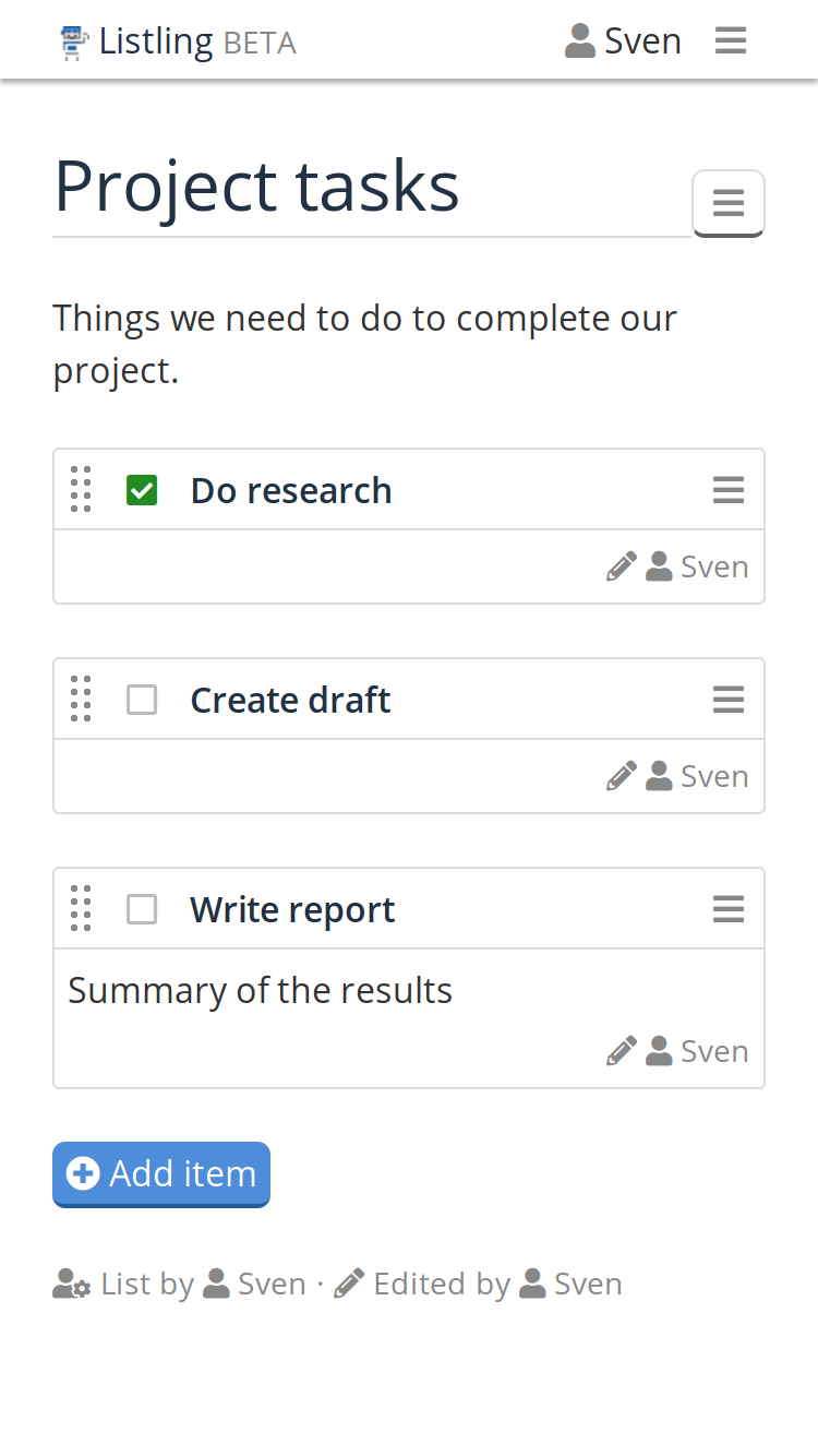 Screenshot of a "Project tasks" list on Listling