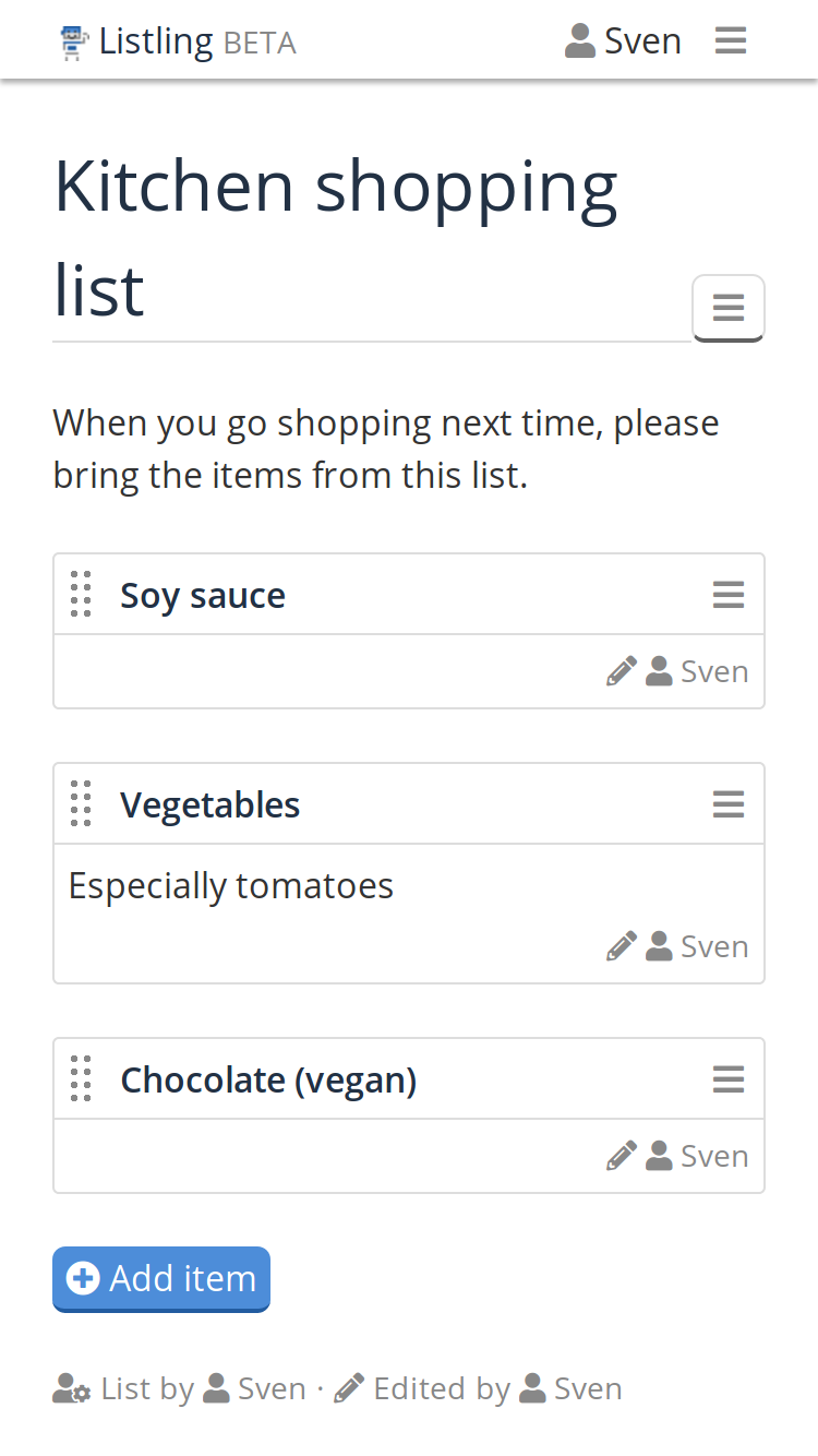 Screenshot of a "Kitchen shopping list" on Listling